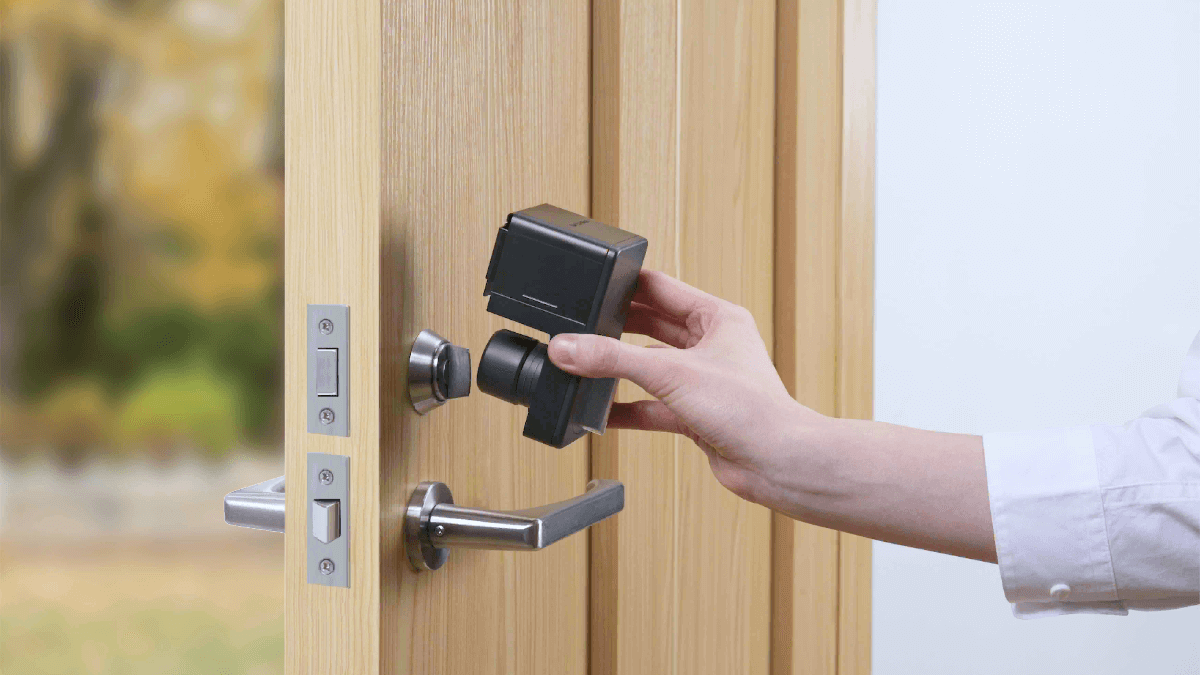 A smart lock that keeps your original door and lock in place.